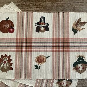 4 Woven Tapestry Placemats Fall autumn, Thanksgiving, Pilgrim, Scarecrow, Turkey
